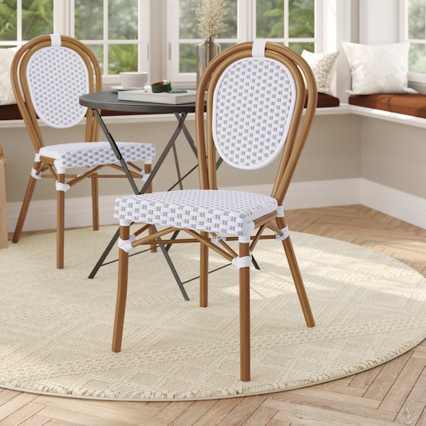 Flash Furniture Lourdes Thonet French Bistro Stacking Chair, White and Gray PE Rattan and Bamboo Print Alum Frame SDA-AD642002S-WHGY-NAT-GG - main